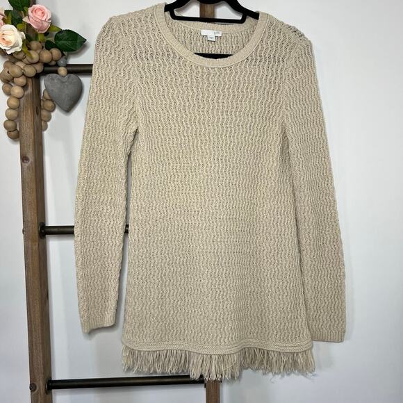 J Jill Oatmeal Long Sleeve Knit Crew Neck Sweater with Fringe Size XS - Picture 2 of 7